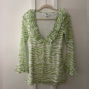 Princess Poly White and Green Tiger Print Ruffle Long Sleeve Mini Dress
